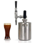 High Capacity Stainless Steel Cold Brew Drip Tower With Nitrogen Infuser And Pressure Release Valve next to a glass of cold brew coffee.
