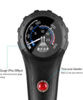 Close-up of High Pressure MTB Tire And Shock Pump 300 PSI dial gauge with bleed valve and fine-tune button