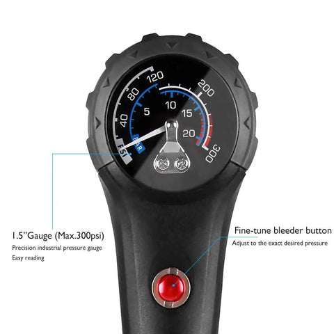 Close-up of High Pressure MTB Tire And Shock Pump 300 PSI dial gauge with bleed valve and fine-tune button