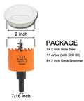 White Plastic Desk Grommet 2 Inch With Hole Saw Kit 2 Pack Cable Cord Management For Office showing grommet and hole saw dimensions.