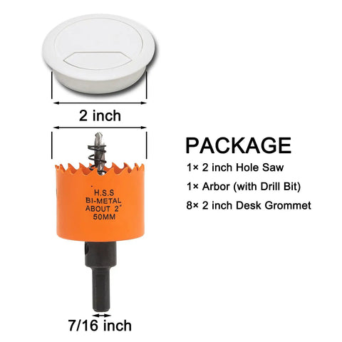 White Plastic Desk Grommet 2 Inch With Hole Saw Kit 2 Pack Cable Cord Management For Office showing grommet and hole saw dimensions.