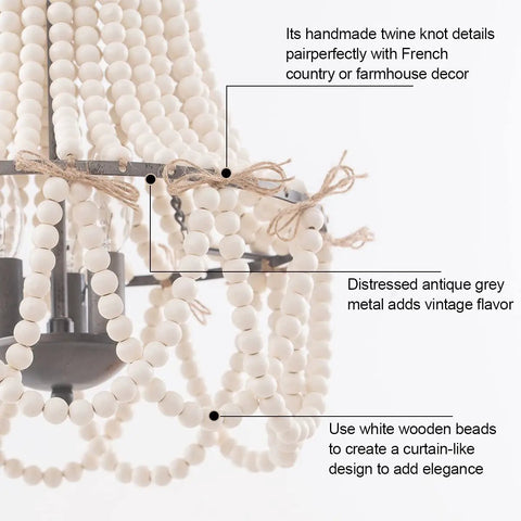 Wood Beaded Chandelier 3 Light Boho Farmhouse Pendant Light Fixture With White Beads And Black Chain, close-up of beads and knots