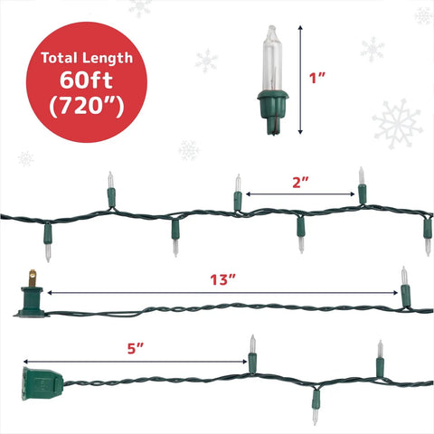 Clear 300 Count Christmas String Lights On Green Wire, 60 Ft Warm White Indoor Outdoor Use, Incandescent Holiday Lights For Xmas Trees, Patios And Fences, Includes Spares And Fuses, showing length detail measurements.