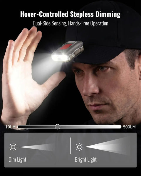 Man wearing clip on hat light with 500 lumen output ultra lightweight headlamp demonstrating hover to dim feature.