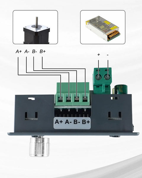 Front view of stepper motor driver controller with A+ A- B- B+ terminal block and front knob