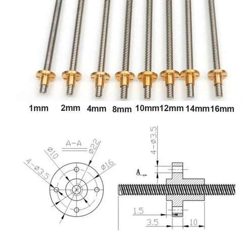 Beefy T8 Lead Screw For 3D Printers, 2mm Pitch, Lead Options 10mm, 12mm, Or 14mm, Stainless Steel Rod With Brass Nut diagram