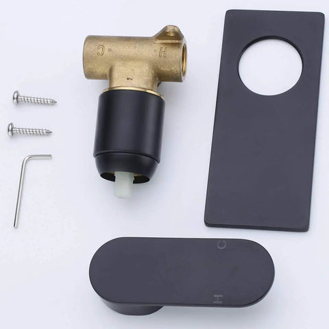 Wall Mount Manual Shower Valve Kit With Ceramic Cartridge Single Lever Shower Mixer Pressure Balance Rough In Valve Body Matte Black Trim And Handle Easy Hot And Cold Water Control with brass valve, matte black components, and installation tools