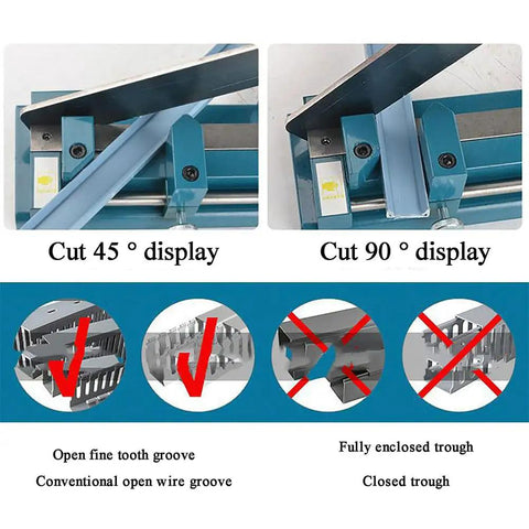 Double Groove Rail Cutter Tool For Bench Top Trunking And Transfer Slider 50cm Ruler Precision Cutting displayed at 45 and 90 degrees