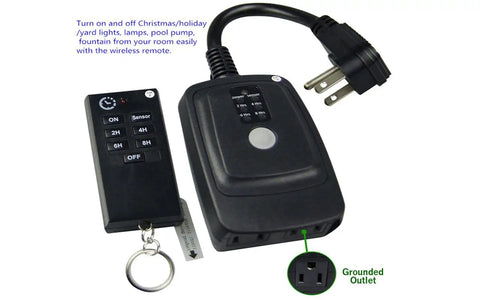 Super Tough Weatherproof Remote Outlet Power Strip With 100 Foot Wireless Range, remote control and dual sockets for easy operation.