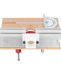 Precision Router Lift System For Woodworking Benches Boasting Rock Solid Aluminum Build And Sweet 47 Millimeter Micro Adjustments with precise angle guide.