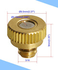 Brass Misting Nozzles 0.15mm Orifice G 3/16 Inch Thread Atomizing Sprayer Nozzles close-up with dimensions for outdoor cooling