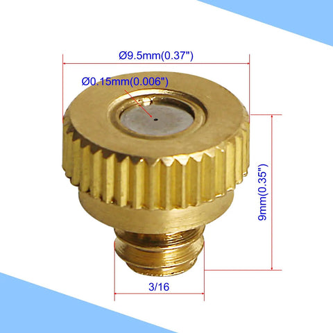 Brass Misting Nozzles 0.15mm Orifice G 3/16 Inch Thread Atomizing Sprayer Nozzles close-up with dimensions for outdoor cooling