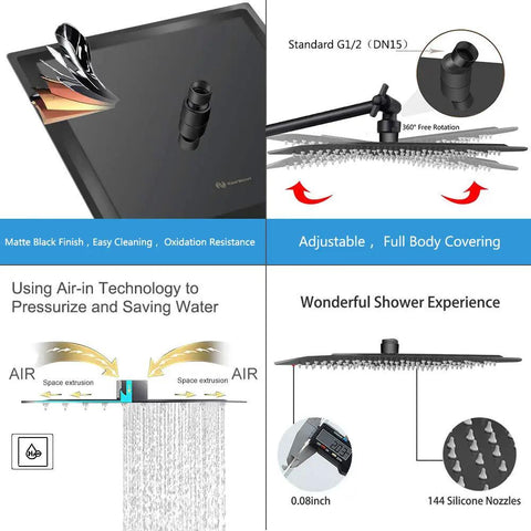 12 Inch Matte Black Rain Shower Head With 11 Inch Adjustable Extension Arm and 144 Silicone Nozzles