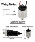 Air Compressor Pressure Switch With Adjustable Settings Stainless Steel Body One Eighth Inch PT Thread Normally Open Compact Easy Install For Air And Water Systems with wiring diagram and dimensions.