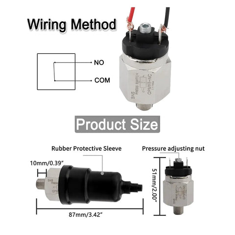Air Compressor Pressure Switch With Adjustable Settings Stainless Steel Body One Eighth Inch PT Thread Normally Open Compact Easy Install For Air And Water Systems with wiring diagram and dimensions.