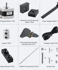 Ender 3 Dual Z Axis Upgrade Kit components, including stepper motor, lead screw, metal PSU holder, and brackets for Ender 3 Pro and V2.