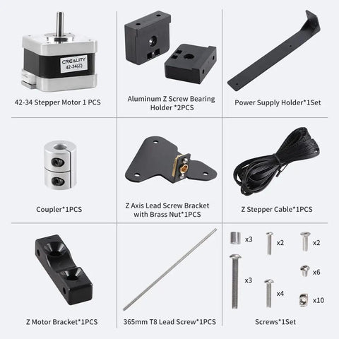 Ender 3 Dual Z Axis Upgrade Kit components, including stepper motor, lead screw, metal PSU holder, and brackets for Ender 3 Pro and V2.