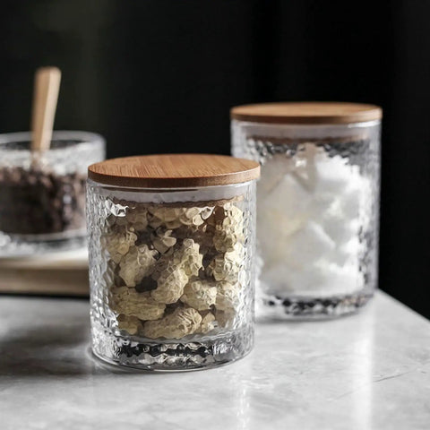 Top Shelf Pantry Game Changer Clear Glass Storage Jar securely sealed with a bamboo lid, ideal for storing snacks.