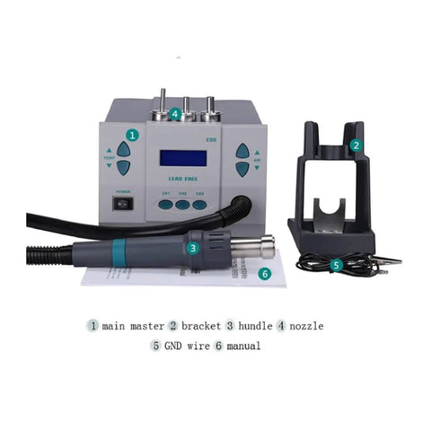 Hot Air Rework Station With Digital Temperature Control And Thermal Blower, components including nozzle, bracket, handle and manual