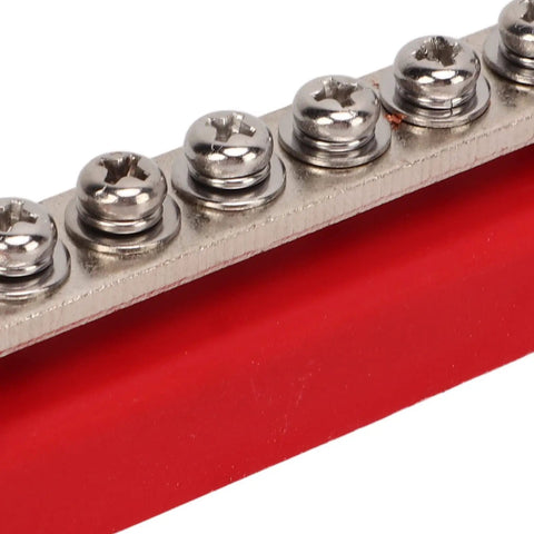 Close-up of Six Terminal Bus Bar Power Distribution Block High Current 150A DC 48V Marine Grade Plated Brass With Cover