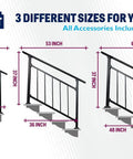Built Tough Adjustable Wrought Iron Stair Handrail For Outdoor Steps With Handy Hook Setup And Heavy Duty Powder Coat for 40, 53, 67 inch options.