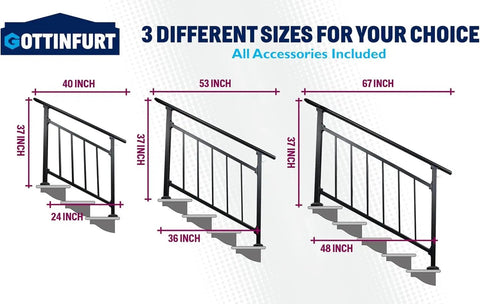 Built Tough Adjustable Wrought Iron Stair Handrail For Outdoor Steps With Handy Hook Setup And Heavy Duty Powder Coat for 40, 53, 67 inch options.