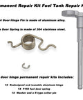 Permanent Aluminum Fuel Tank Door Hinge Repair Kit With Spring For 2019 Through 2025 Chevy Silverado And GMC Sierra 1500 And 2020 Through 2025 Silverado And Sierra 2500 3500 Durable No Hassle Install, showing aluminum hinge pin and spring.