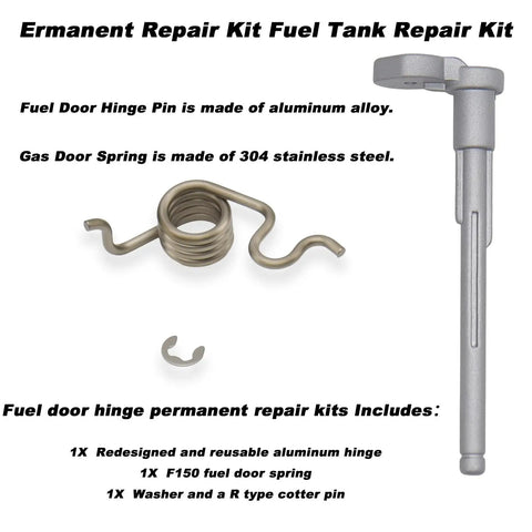 Permanent Aluminum Fuel Tank Door Hinge Repair Kit With Spring For 2019 Through 2025 Chevy Silverado And GMC Sierra 1500 And 2020 Through 2025 Silverado And Sierra 2500 3500 Durable No Hassle Install, showing aluminum hinge pin and spring.