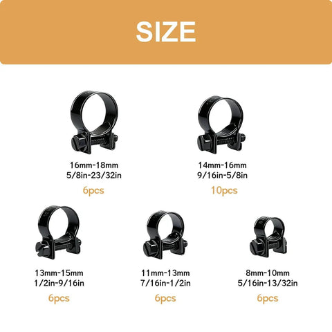 34 Piece Fuel Line Clamps Set In Five Sizes From One Quarter Inch To Five Eighths Inch Heavy Duty Hose Clips, size and quantity chart