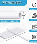 Illustration of Four Pcs One Half Inch PVC Pipe Sixteen Inch Long SCH40 White For Home DIY Projects with dimensions and features.