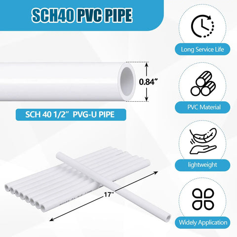 Illustration of Four Pcs One Half Inch PVC Pipe Sixteen Inch Long SCH40 White For Home DIY Projects with dimensions and features.