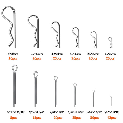 250 Piece Cotter Pin Hairpin R Clips Assortment Kit Beefy Heavy Duty Zinc Plated Steel Spring Fasteners Hitch Pins Clips Locking Set