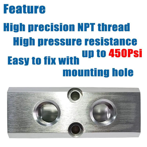 Two Way Four Port Air Manifold With Half Inch NPT Supply Port And Quarter Inch NPT Outlets Aluminum Silver Mounting Hole Heavy Duty Pneumatic Distributor For Multiple Locations Up To 450 PSI, silver aluminum manifold