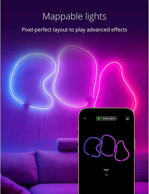 6.5ft RGB LED Strip Tube Flexible With 16M Colors, USB C Powered, App Controlled Lighting in abstract pattern on wall