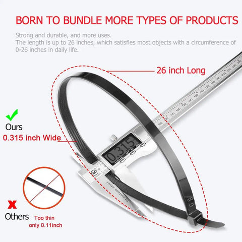 Heavy Duty 26 Inch Cable Zip Ties Nylon Wire Ties With 175 Pound Tensile Strength For Indoor And Outdoor Use UV Resistant Black And White 40 Pack Built To Handle Tough Bundling And DIY Cable Management In Home And Garage, 0.315 inch width comparison with measuring tool