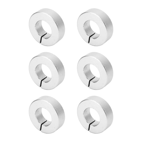 Six Piece Lightweight Aluminum Alloy Shaft Collar Set Clamping Lock Rings To Fix Shafts And Bits With Anti Rust Coating Good For Garage And Workshops Where Stability Matters Most This Quality Kit Keeps Hardware Locked Firm Without Loosening Giving Safe. six aluminum shaft collars, clamping rings, white background