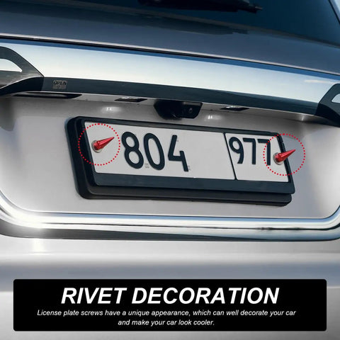 Kickass Anti Theft Spike License Plate Screws With Heavy Duty Aluminum Bolts for Cars Trucks And Motorcycles securing vehicle tags on a silver car.