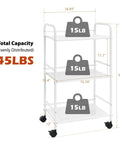 Three Tier Rolling Utility Cart With Metal Shelves On Wheels White Finish For Kitchen Office And Home Organization 12 Inch Depth