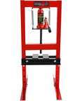 Front view of 6 Ton H Frame Hydraulic Shop Press for garage floor with adjustable height and stamping plates for bending or pressing