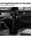 Portable Stainless Steel 12V 24V Car Kettle With Heat Preservation Dual Wattage Settings For Keeping Your Brew Piping Hot On Backroads on vehicle console.