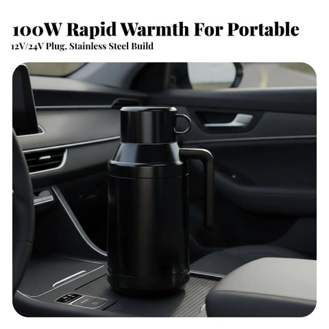 Portable Stainless Steel 12V 24V Car Kettle With Heat Preservation Dual Wattage Settings For Keeping Your Brew Piping Hot On Backroads on vehicle console.