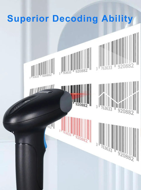 Wireless Handheld Barcode Scanner 1D 2D QR Reader With 2000mAh Battery scanning barcodes with superior decoding ability.