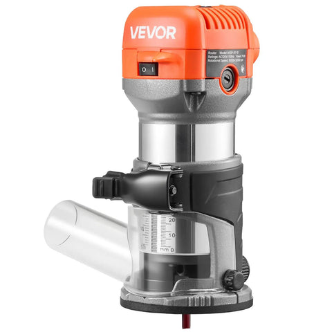 Heavy Duty Rock Solid 1 HP Wood Router 710W Variable Speed Palm Router with transparent base and fine adjustment features.