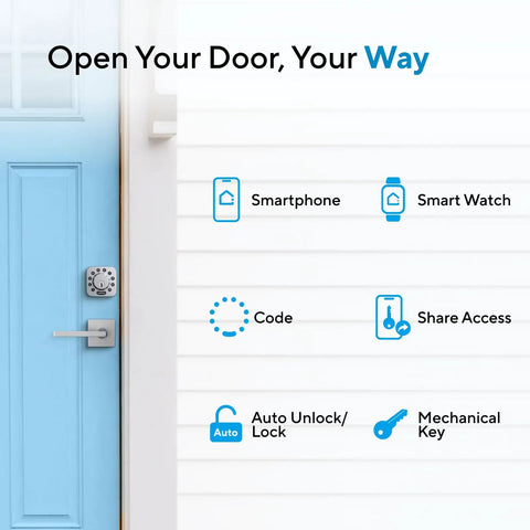 Smart Door Lock U-Bolt With WiFi Bridge 5-In-1 Keyless Entry Lock Bluetooth Keypad Front Door ANSI Grade 1 Certified on blue door.