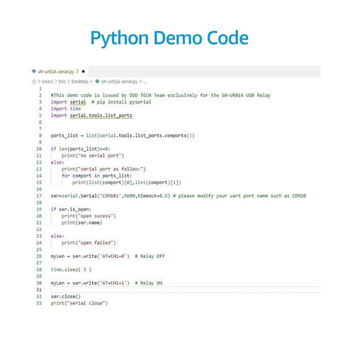 Screenshot of Python demo code for USB Powered 4 Channel Relay Module For PC And Mac With Plug And Play Setup CP2102 Serial Interface No Extra Power Supply Needed Ideal For Home Automation DIY Projects And Smart Gadgets.