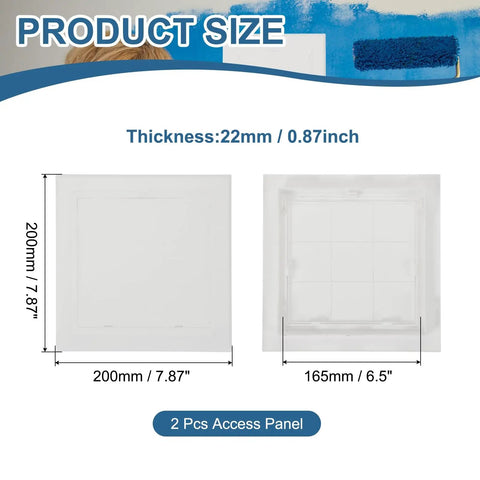 No Sweat Removable Hinged Access Panels 2 Pack Sleek White Abs Wall Hole Covers For Drywall Plumbing And Electrical Wiring Quick Fix Smooth Operation Easy Snap Shut Design, showing size dimensions 200x200mm.