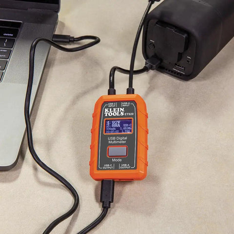 USB Power Meter For USB A And USB C Digital Voltage, Current, Capacity, Energy And Resistance Tester connected to laptop