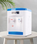 Powerful 550W Desktop Water Cooler Dispenser With Hot And Cold And Room Temperature Water on a white table, blue accents