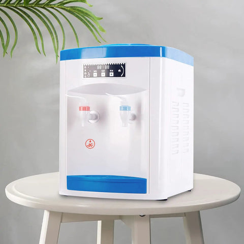 Powerful 550W Desktop Water Cooler Dispenser With Hot And Cold And Room Temperature Water on a white table, blue accents