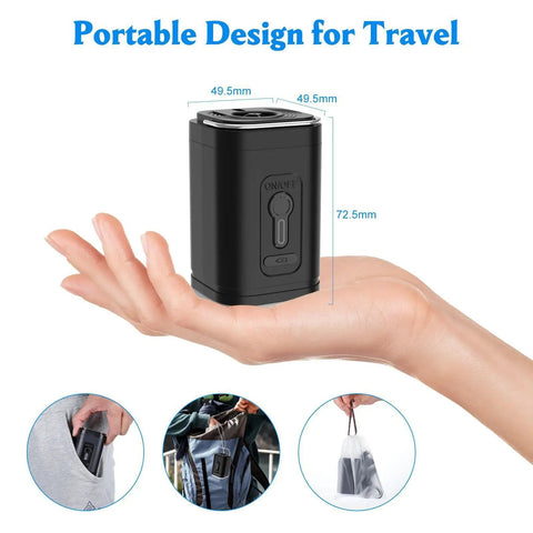 Portable Cordless Vacuum Seal Pump With Strong Electric Suction For Fast Bag Compression shown in hand, compact black design for travel.